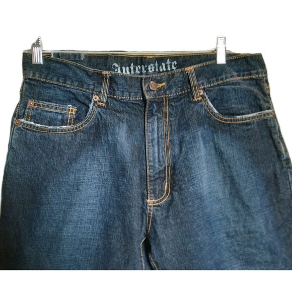 Vintage Y2K Interstate Baggy Wide Leg Blue Denim Distress Jeans Men Size 34 x 32 - Picture 3 of 8